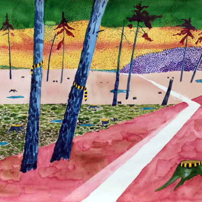 akvarell, starka färger landskap över en myr