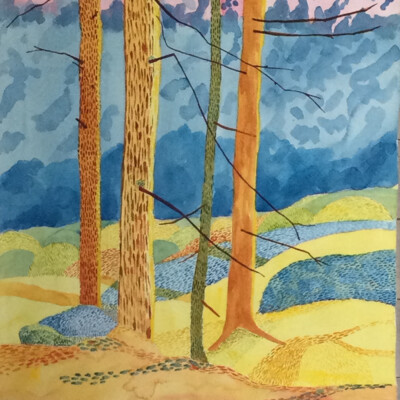 Träd i färgstark skog .akvarell