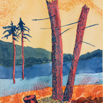akvarell ,bilde beskriver skogen i starka färger