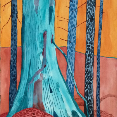 akvarell, färgstak stubbe i skog